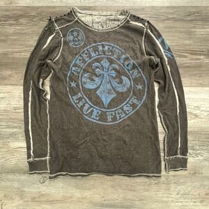 Affliction Men's Large Reversible‎ Thermal Shirt Grunge Mallgoth Fleur Spellout